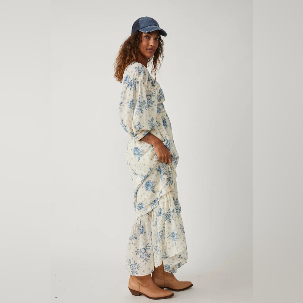 Free People Cream Maxi Dress with Blue Floral Print - Picture 4 of 15